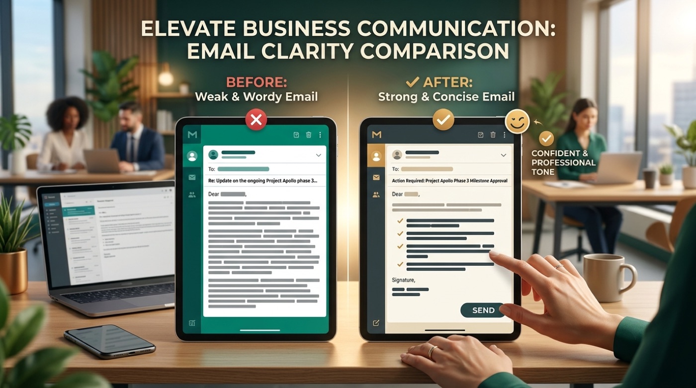 A before-and-after comparison of a wordy email versus a concise one, with checkmarks on the improvements