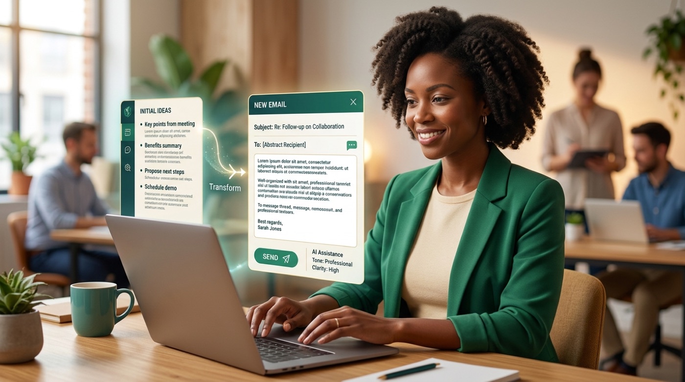 An AI email writer turning rough bullet points into a polished, well-structured professional email