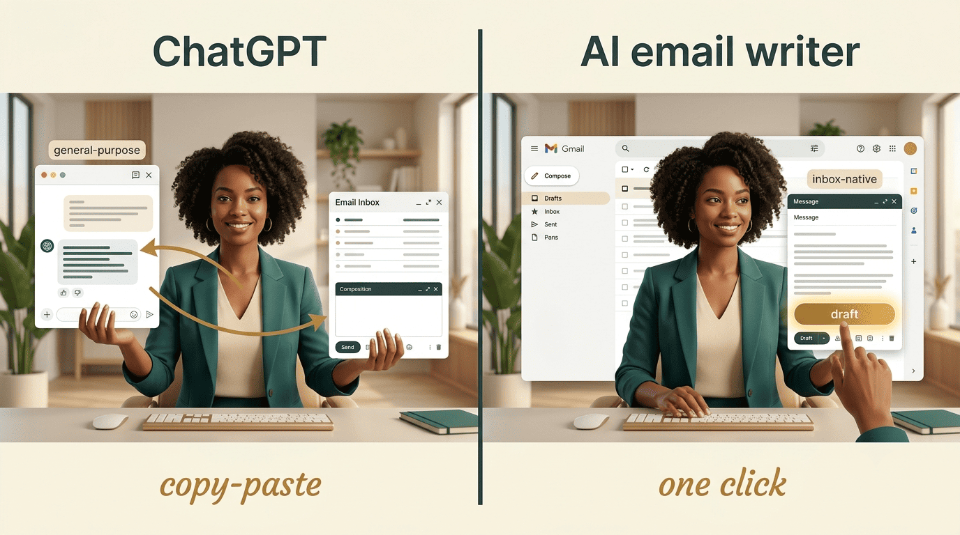 Side-by-side comparison: ChatGPT in a separate copy-paste tab versus an inbox-native AI email writer with one-click drafting