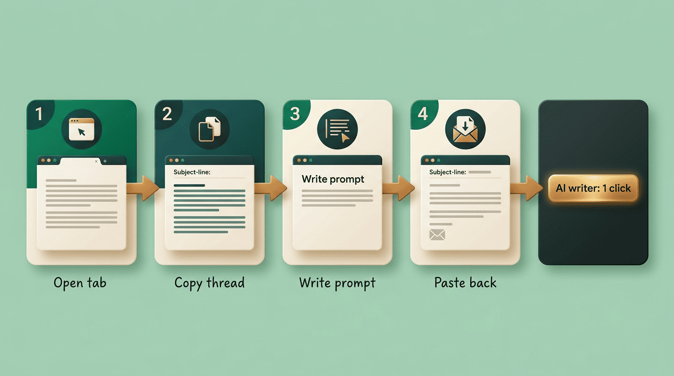 Four-step ChatGPT email loop — open tab, copy thread, write prompt, paste back — versus a one-click AI email writer