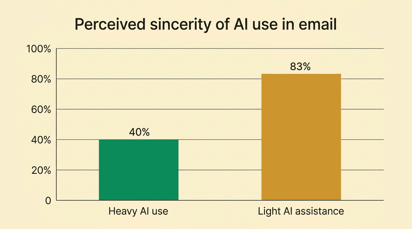 Bar chart: heavy AI use in email is seen as sincere by 40% of employees versus 83% for light AI assistance