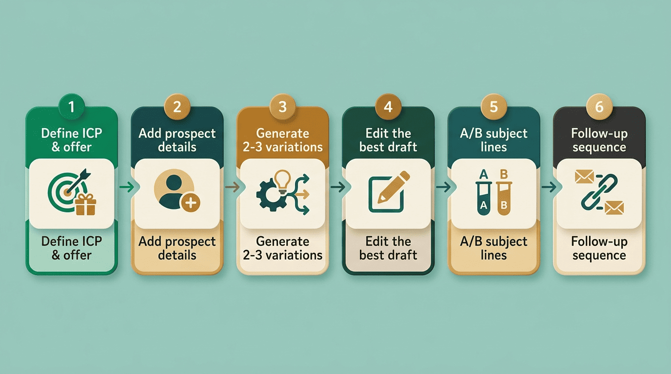 Six-step workflow for writing a cold email with an AI email writer