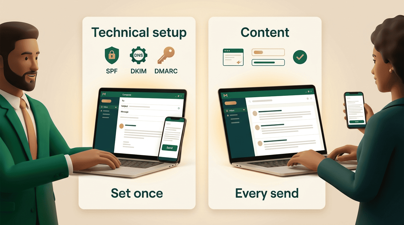 Comparison of the two halves of deliverability: technical setup done once versus content on every send