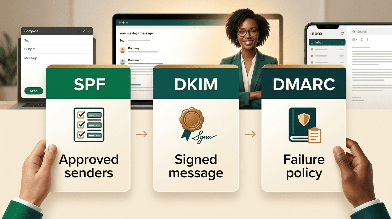 Diagram of email authentication: SPF approved senders, DKIM signed message, DMARC failure policy