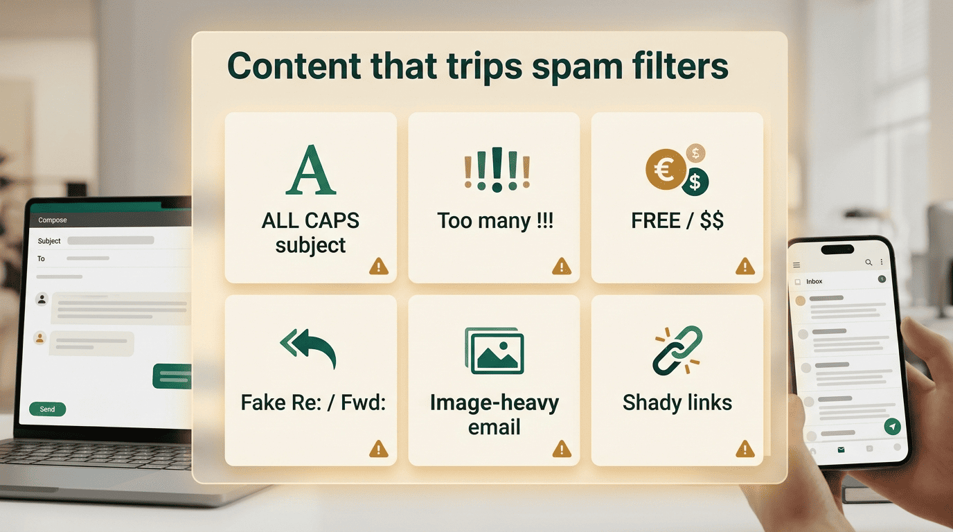 Grid of content that trips spam filters: ALL CAPS subject, excessive punctuation, FREE and dollar signs, fake Re and Fwd, image-heavy email, shady links
