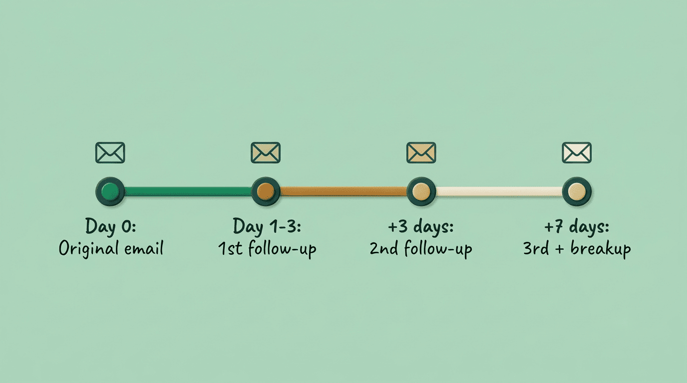 Timeline of follow-up email cadence from day 0 through the breakup email