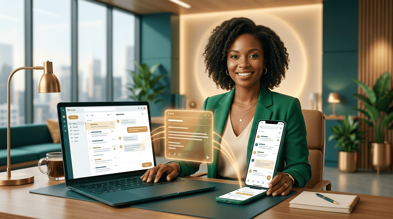 One AI email writer drafting inside both a Gmail inbox on a laptop and an Outlook inbox on a phone at the same time