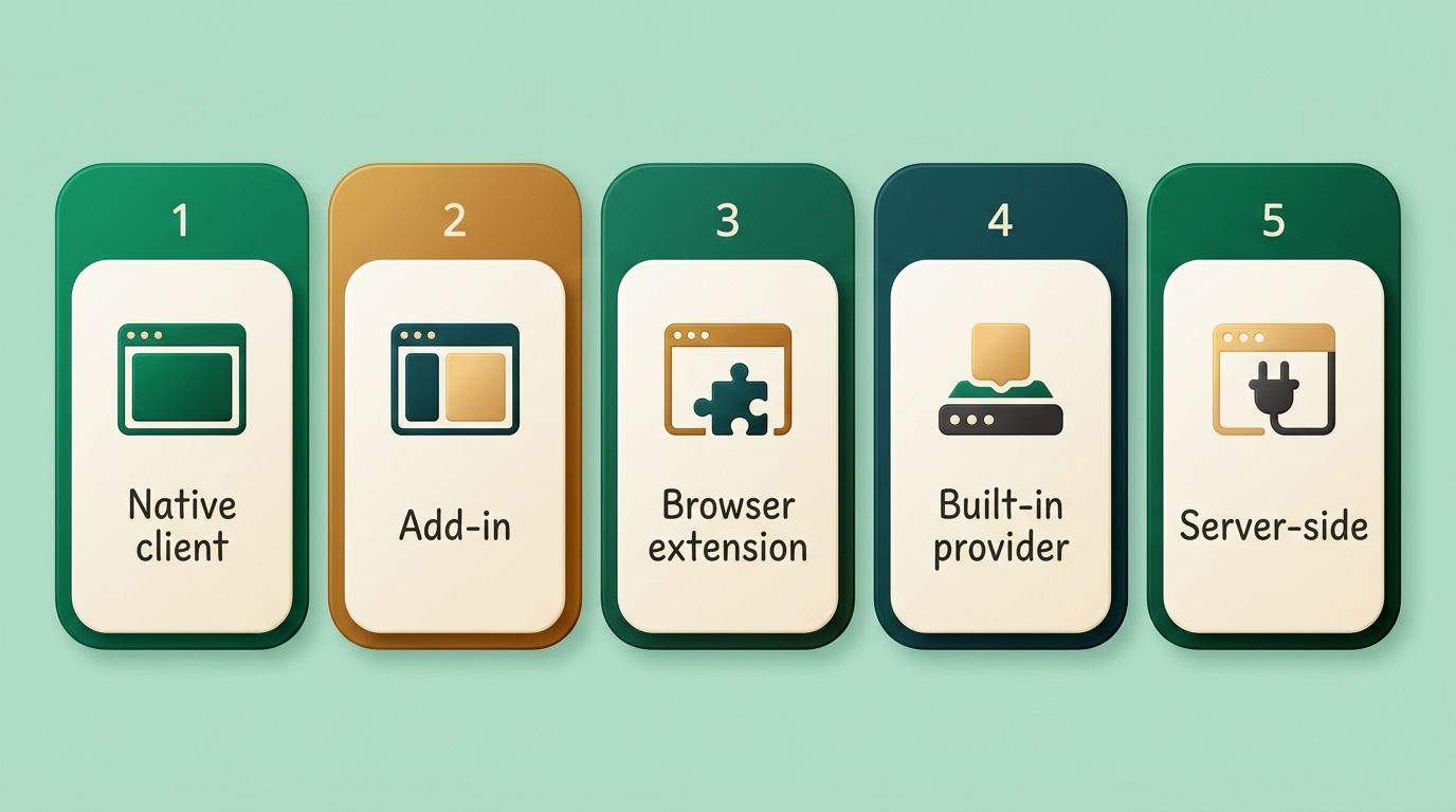 Five ways an AI email writer connects to your inbox: native client, add-in, browser extension, built-in provider, and server-side