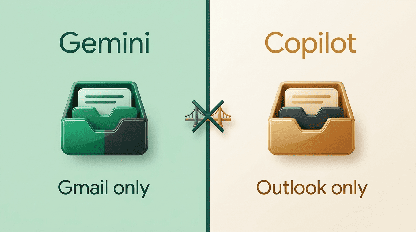 Gemini works only in Gmail and Copilot works only in Outlook — neither built-in assistant bridges the two inboxes