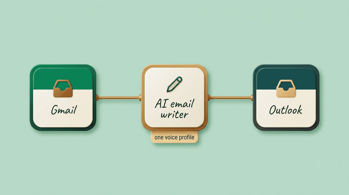 A single AI email writer connected to both Gmail and Outlook, keeping one shared voice profile across both inboxes