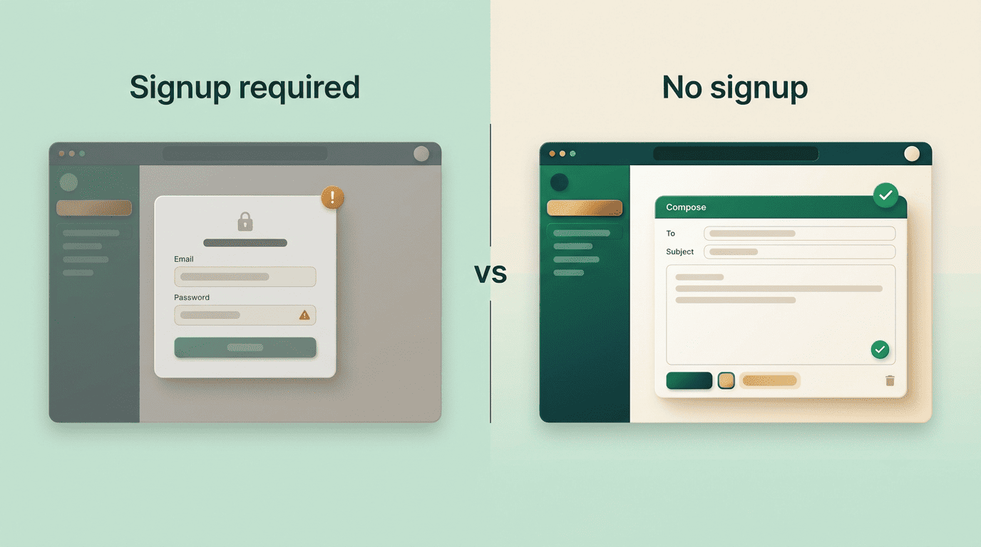 Comparison of a signup-required tool with a login wall versus a no-signup tool that opens straight to composing