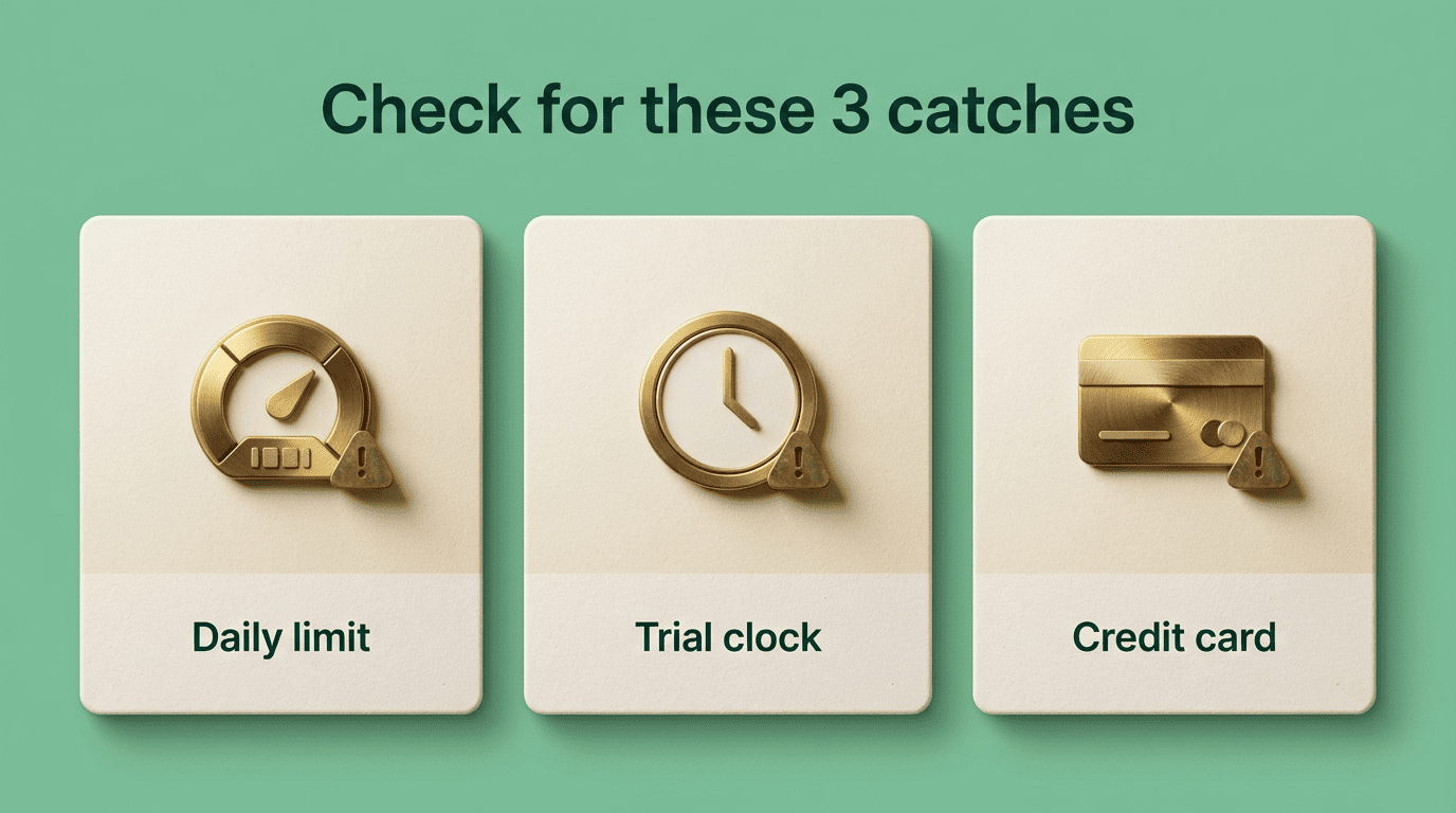 Three catches to check before trusting a free tool: daily limit, trial clock, credit card