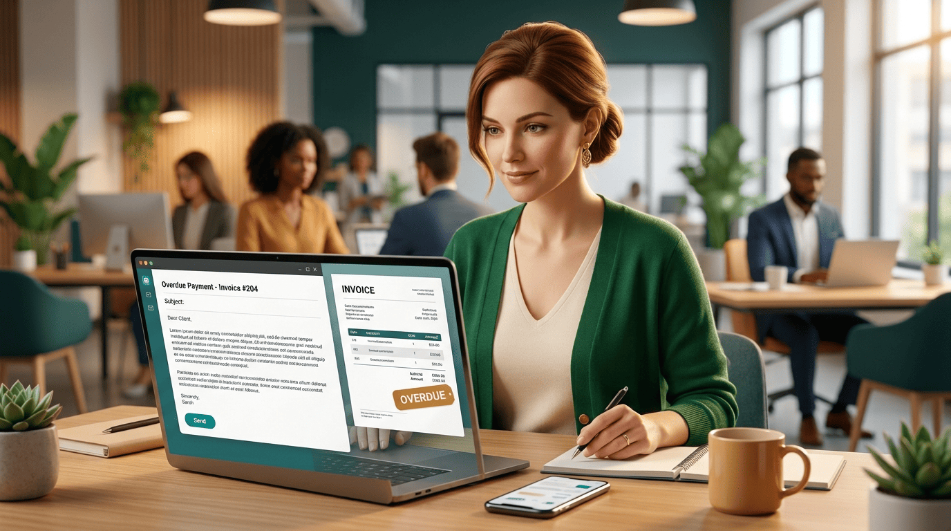 A small-business owner reviewing an overdue invoice while an AI email writer drafts a payment reminder