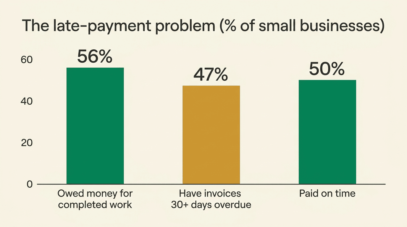 Bar chart: 56% owed money, 47% have invoices 30-plus days overdue, 50% paid on time
