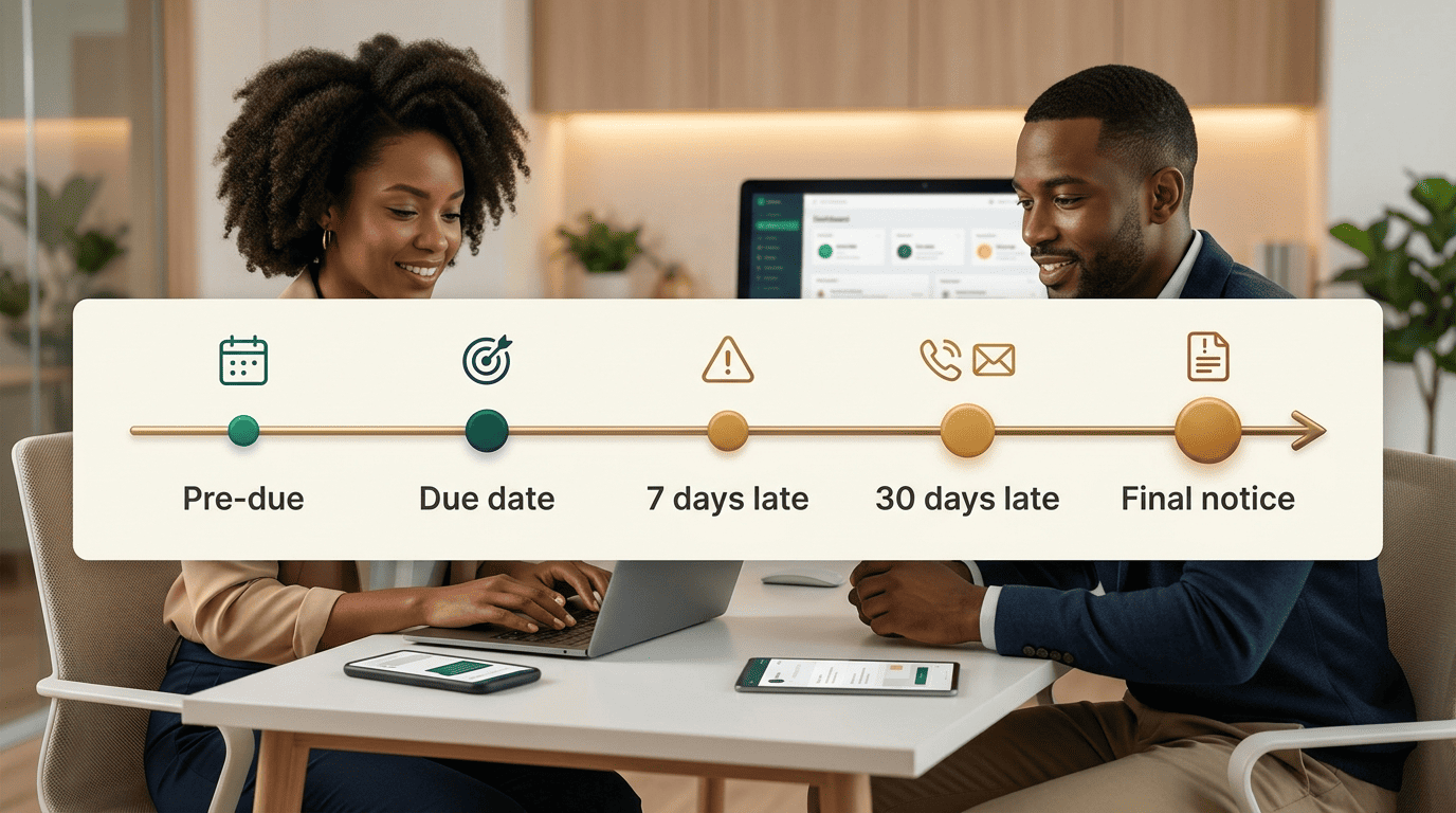 Reminder cadence timeline: pre-due, due date, 7 days late, 30 days late, final notice