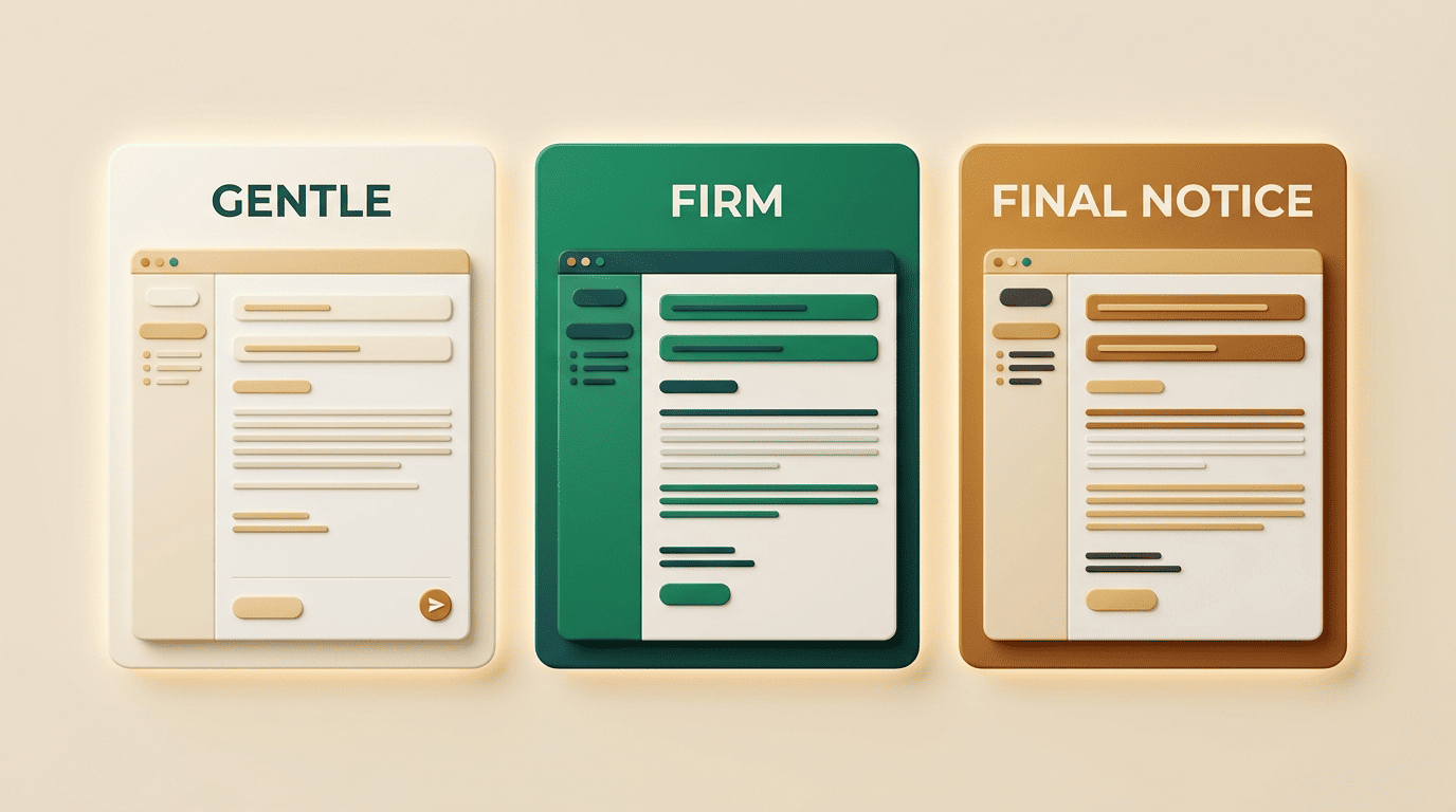 Three email cards comparing gentle, firm, and final-notice payment reminder tones