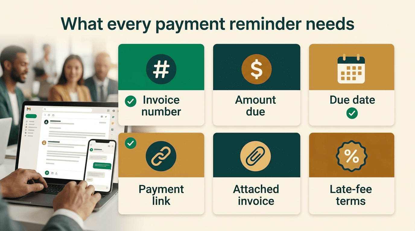 Checklist of what every payment reminder needs: invoice number, amount due, due date, payment link, attached invoice, late-fee terms