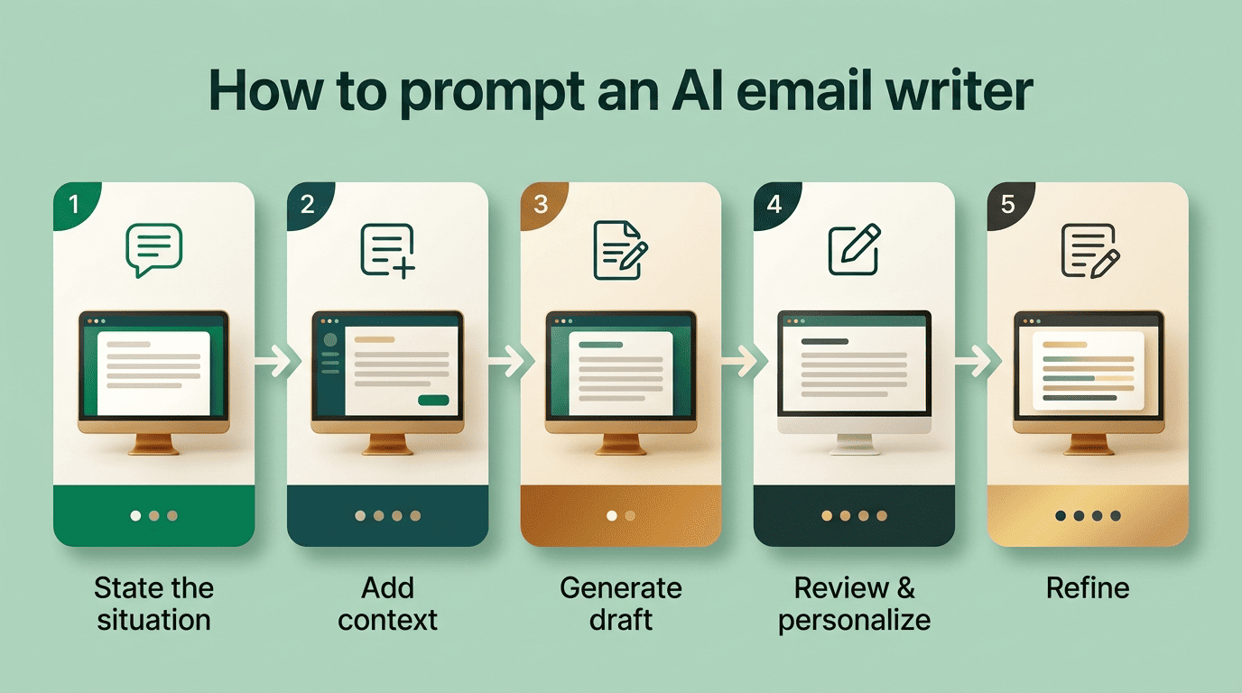 Five-step framework for prompting an AI email writer: state situation, add context, generate, review, refine