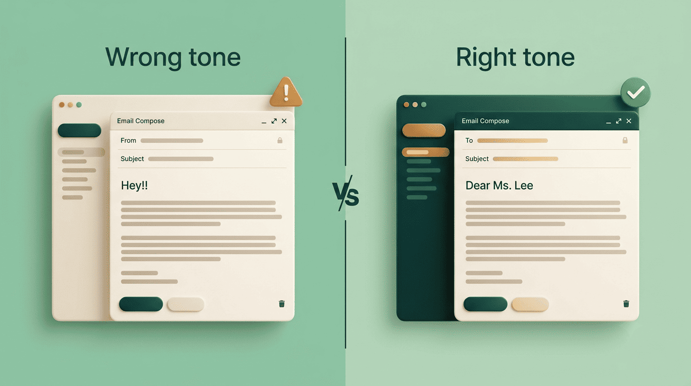 Comparison of a wrong-tone email opening with Hey versus a right-tone email opening with Dear Ms. Lee
