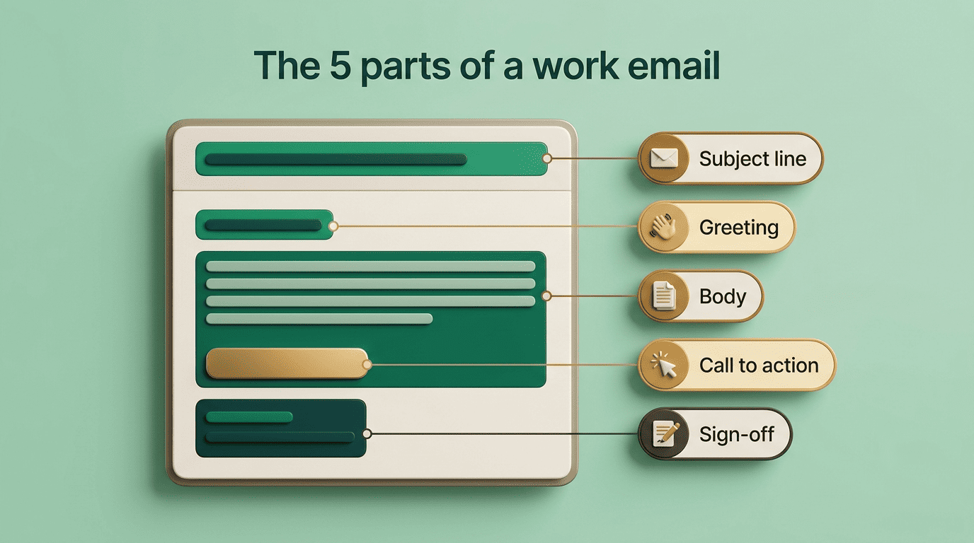 Anatomy of a professional work email: subject line, greeting, body, call to action, sign-off