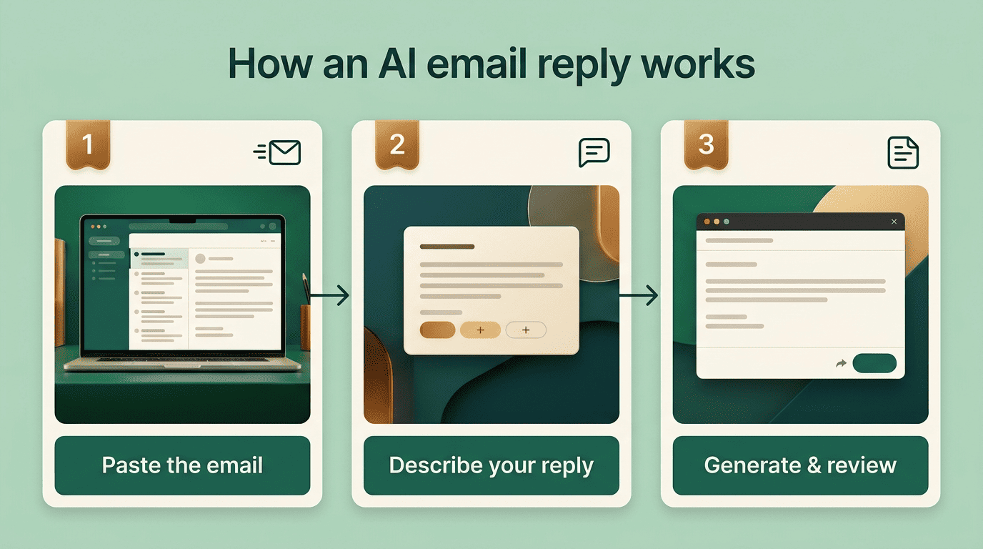 Three-step diagram: paste the email, describe your reply, generate and review