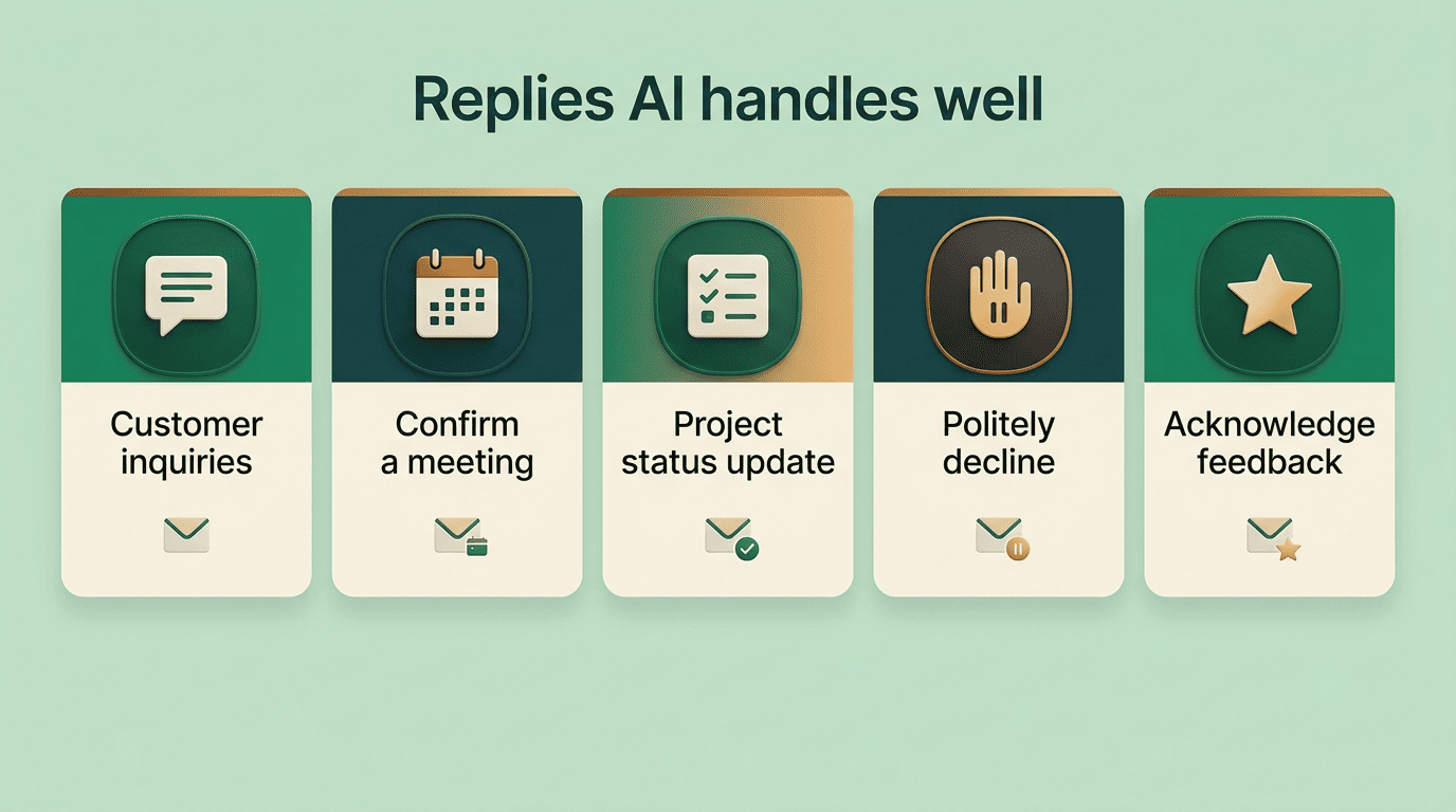 Five reply types AI handles well: customer inquiries, meeting confirmations, status updates, polite declines, feedback
