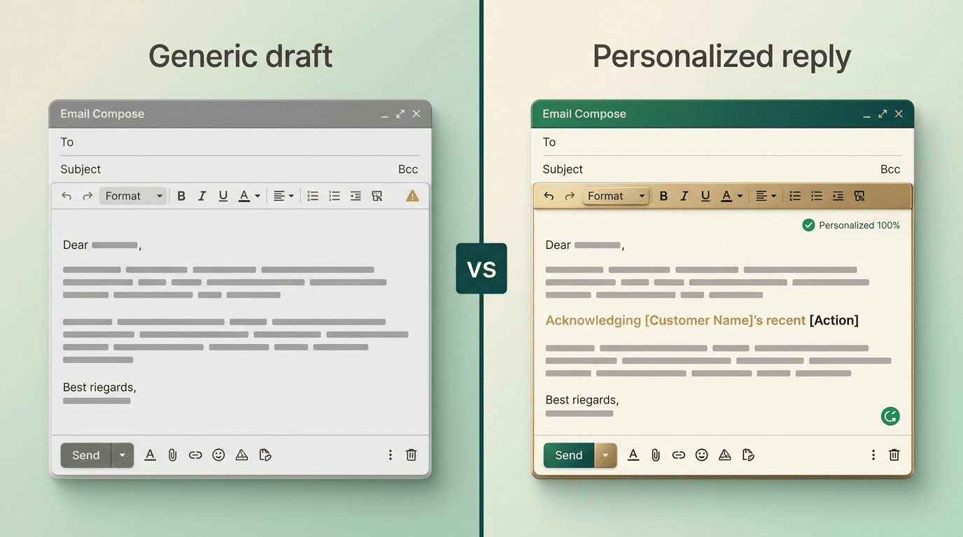 Before and after: a generic template reply versus a personalized reply with an added detail