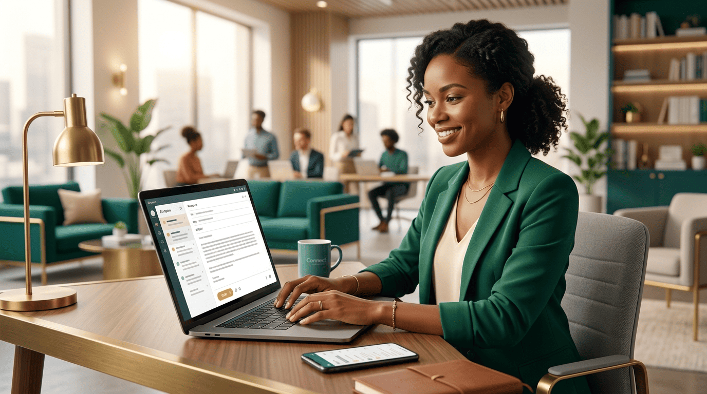 A sales professional finalizing an AI-drafted sales email on a laptop