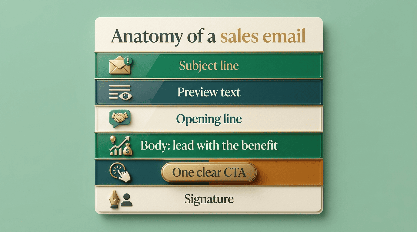 Infographic of the six parts of a sales email that converts