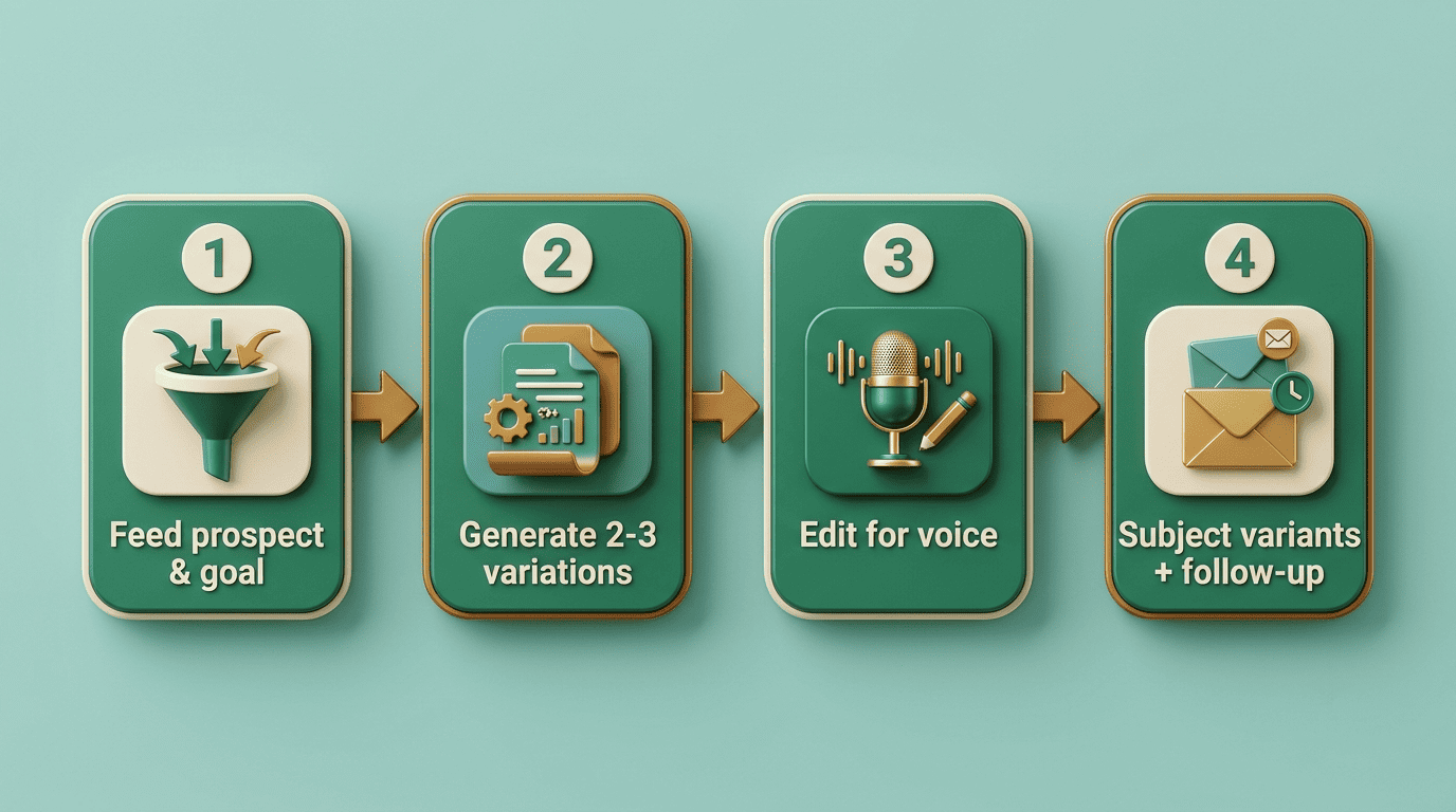 Four-step workflow for writing a sales email with an AI email writer