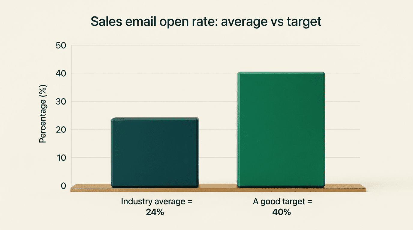 Bar chart comparing average sales email open rate with a good target