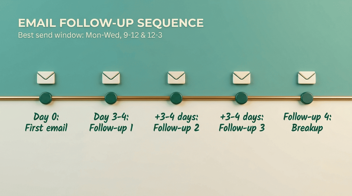 Timeline of a four-step sales email follow-up sequence with best send windows