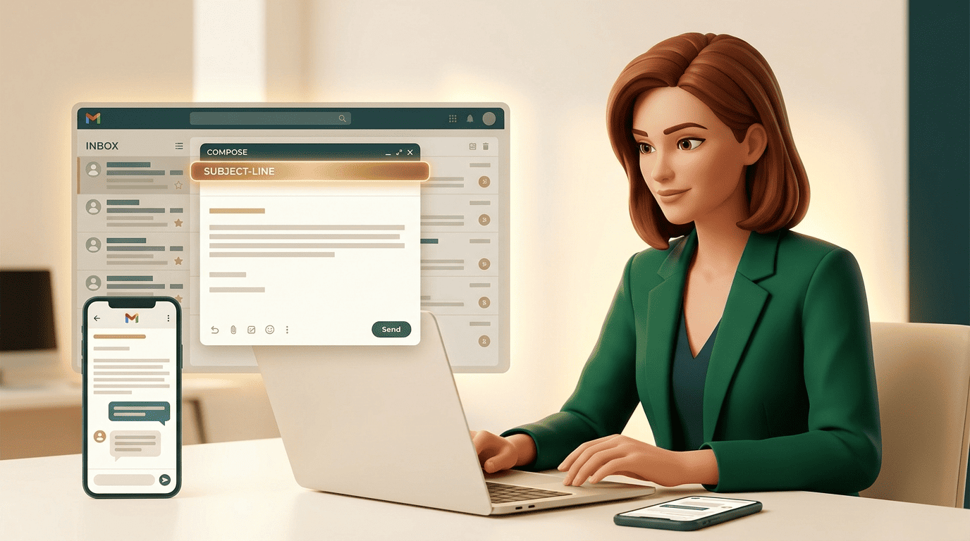 A professional at a laptop with the email subject-line field highlighted above the inbox