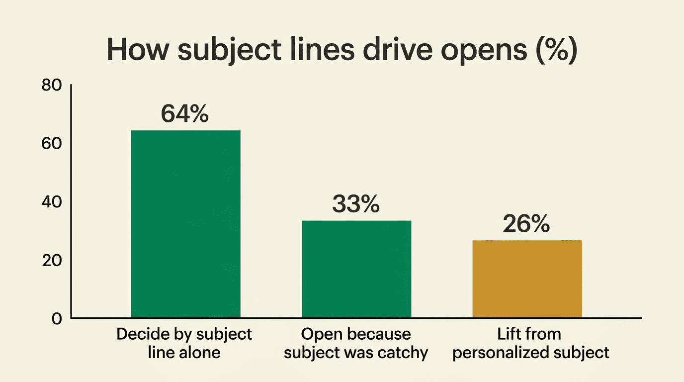 Bar chart showing 64%, 33% and 26% — how subject lines drive email opens