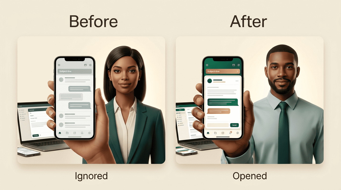 Before-and-after comparison of a weak ignored subject line versus a strong opened one