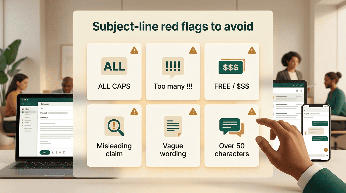 Grid of six subject-line red flags to avoid: ALL CAPS, excessive punctuation, FREE and dollar signs, misleading claims, vague wording, over 50 characters