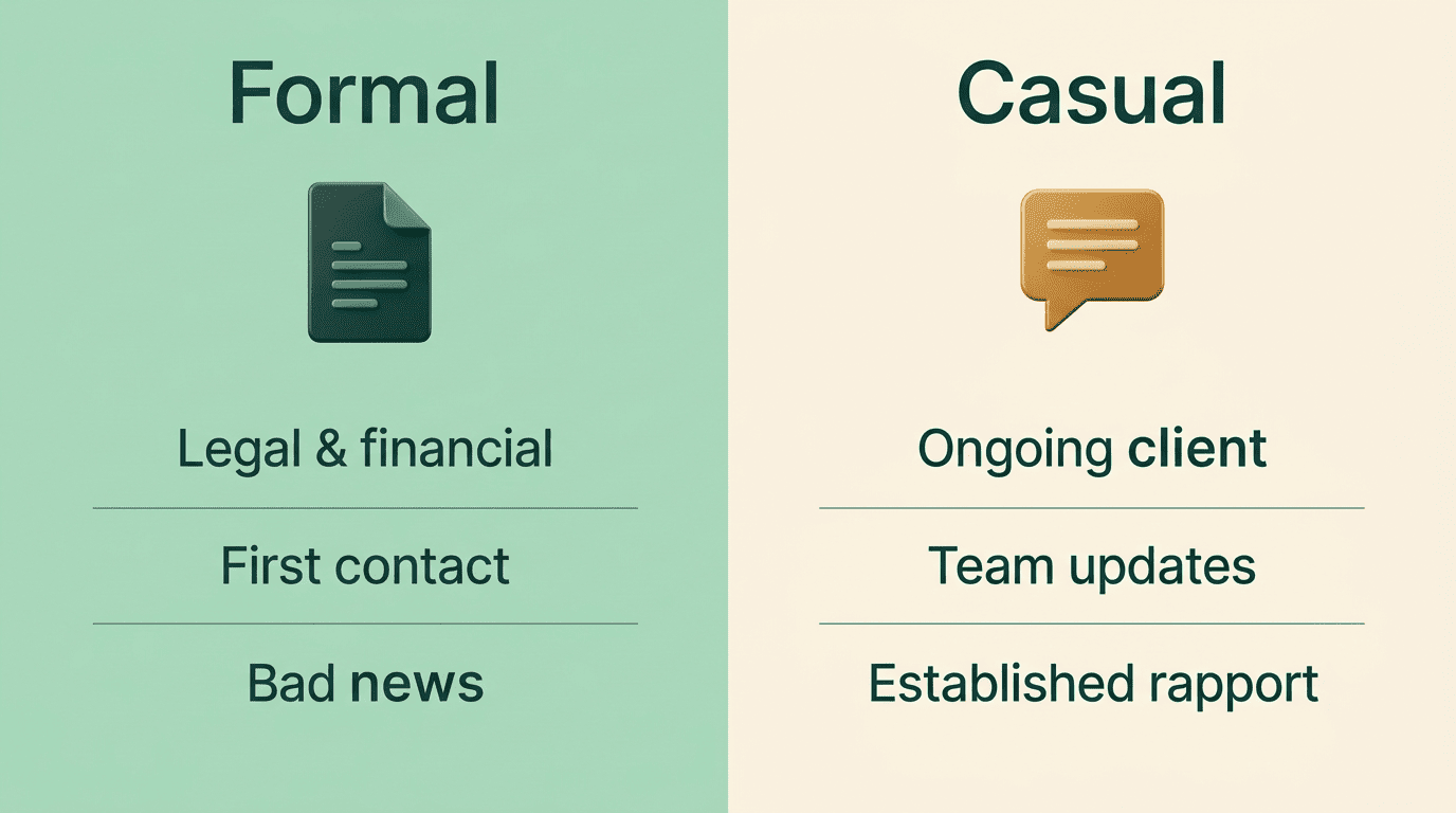 Formal versus casual email tone: formal for legal, first contact, and bad news; casual for ongoing clients, team updates, and established rapport