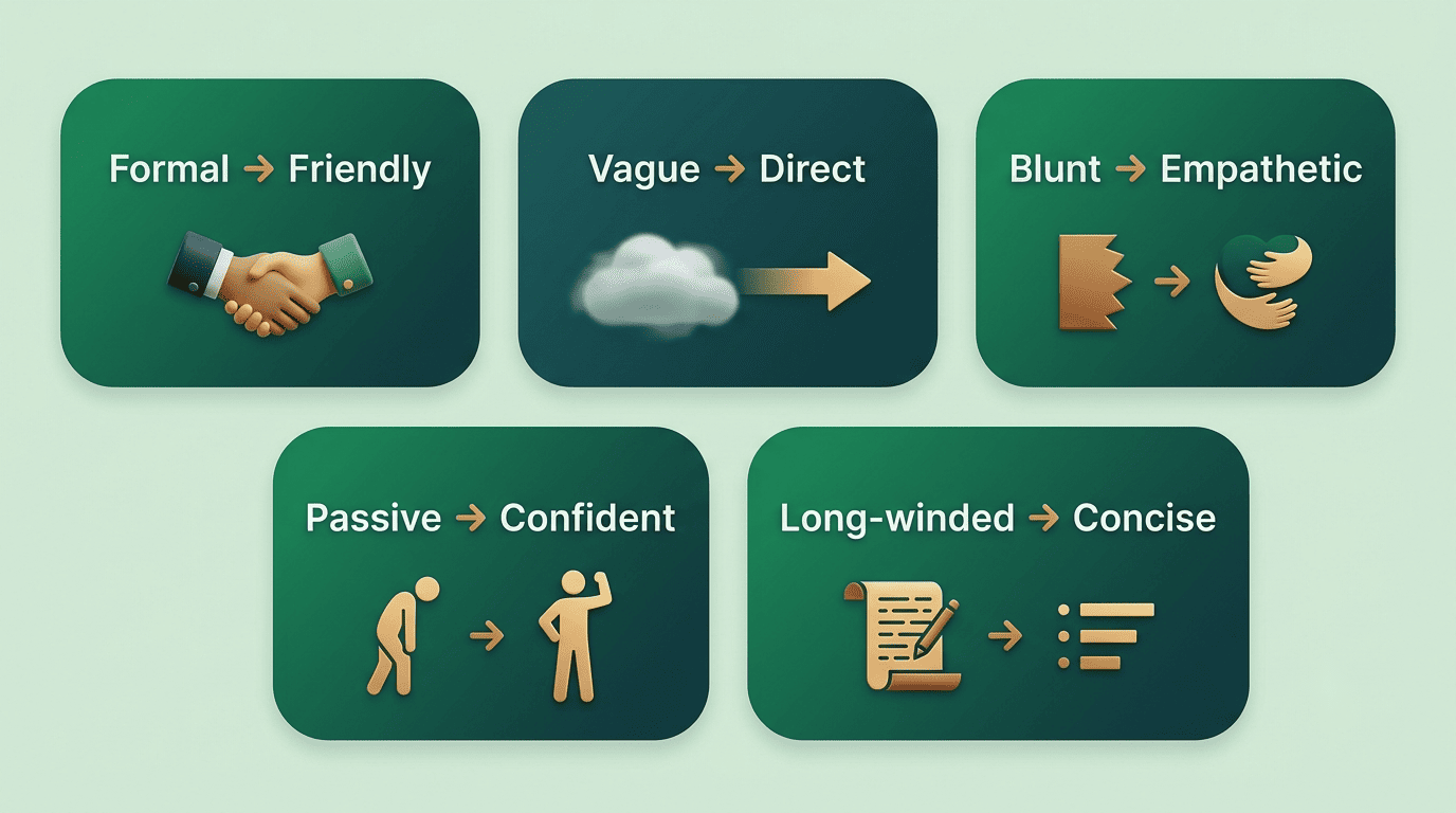 The five one-click tone rewrites: formal to friendly, vague to direct, blunt to empathetic, passive to confident, long-winded to concise